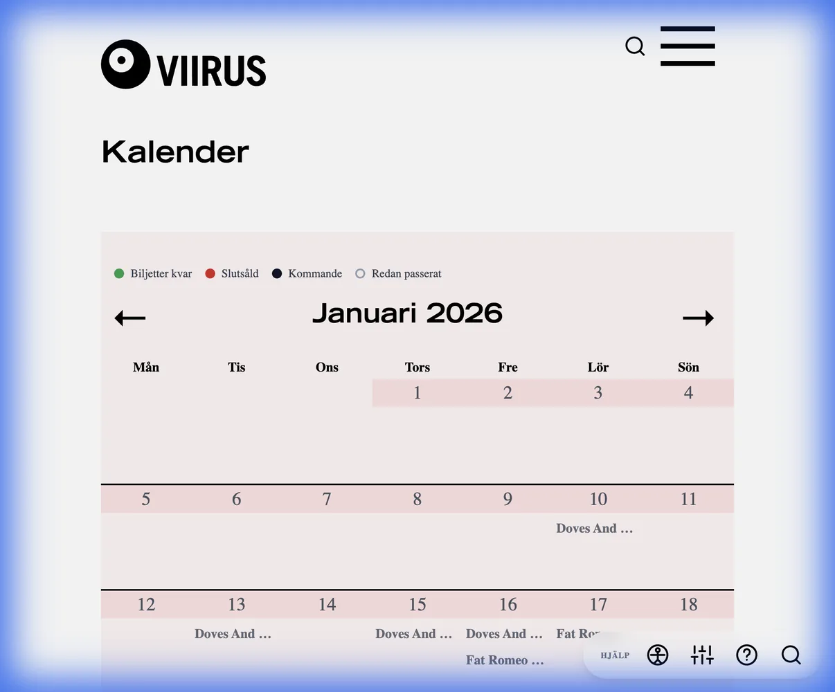 Viirus calendar with hover and focus interactions for performances.