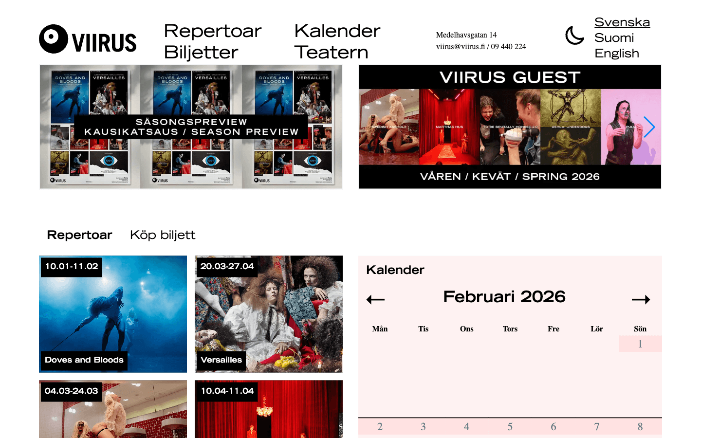 Kuvatõmmis Viirus Theatre veebilehe avalehest