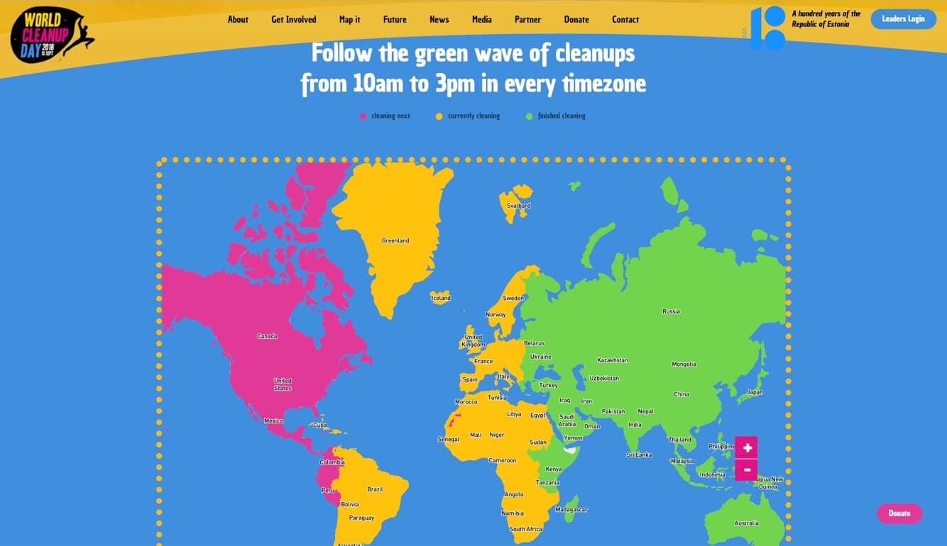 The World Cleanup Day map on the day of the cleanup, with countries coloured to show which are about to clean, currently cleaning, and finished.